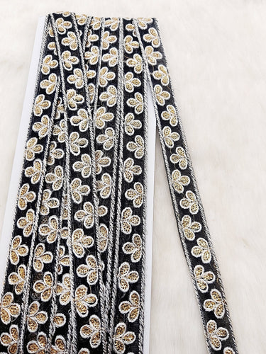 Wholesale Black Net Lace Floral Embroidery & Glitter Gold Sequins, Indian Wedding Border, Gifting Ribbon Costume Trim Fashion Trimming
